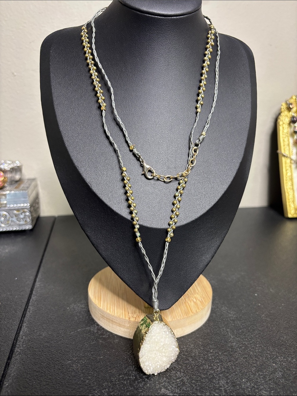 Handcrafted White Druzy Stone Pendant Necklace with Gold Accents